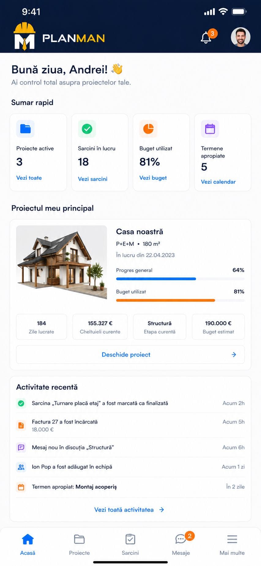 Ecran al aplicației mobile PLANMAN cu sumarul unui proiect