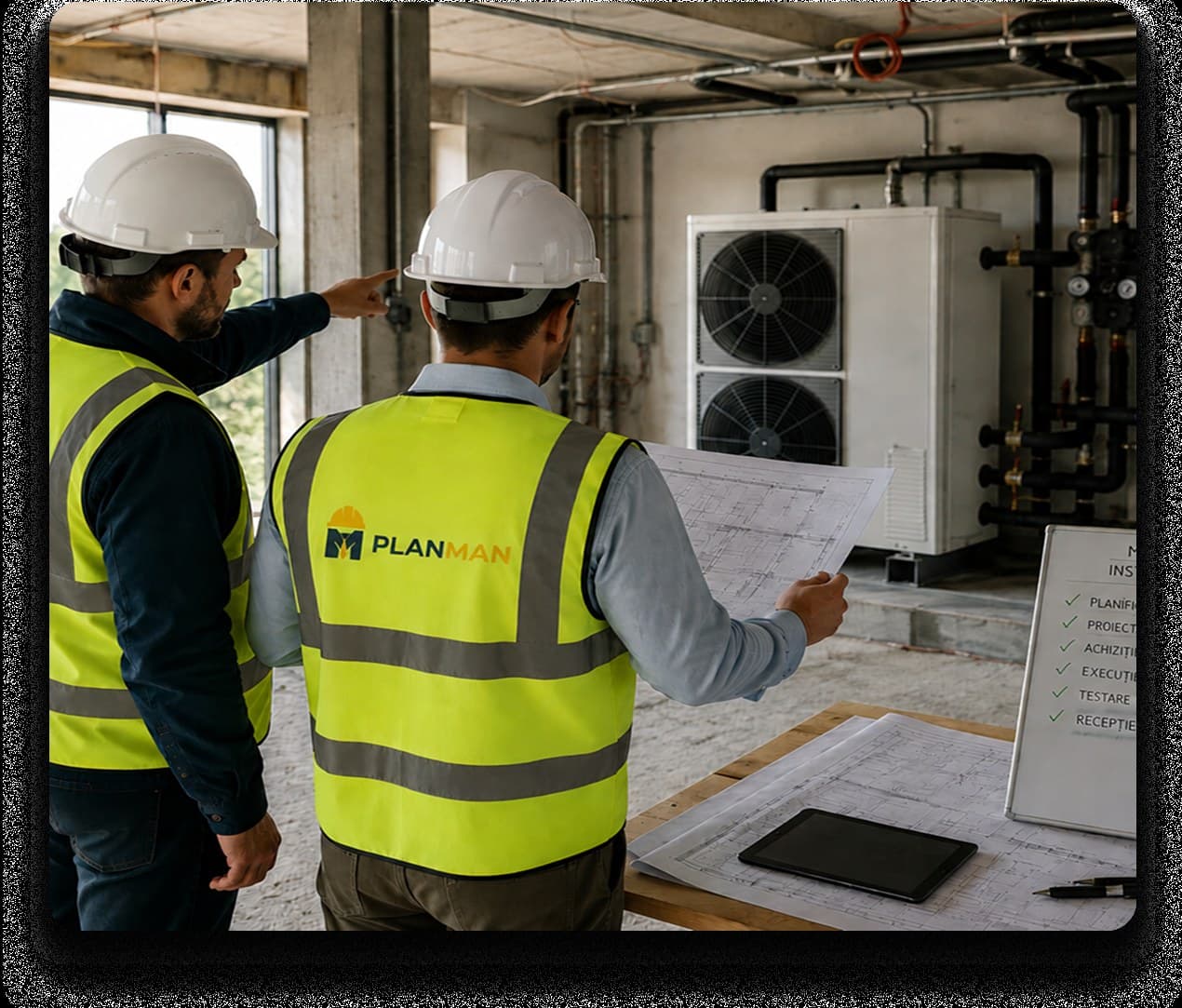 Doi ingineri în echipament de protecție inspectând o instalație HVAC pe șantier, cu planuri tehnice în mână
